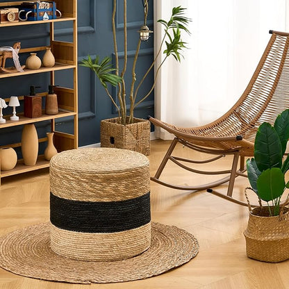 Wimarsbon 18'' Ottoman Pouf, Natural Braided Poof, Rustic Handweave Lounge Pouffe, Boho Footrest Stool for Bedroom, Accent Table for Living Room (18inch Natural Cattail + Black Corn Husk)