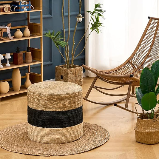 Wimarsbon 18'' Ottoman Pouf, Natural Braided Poof, Rustic Handweave Lounge Pouffe, Boho Footrest Stool for Bedroom, Accent Table for Living Room (18inch Natural Cattail + Black Corn Husk)