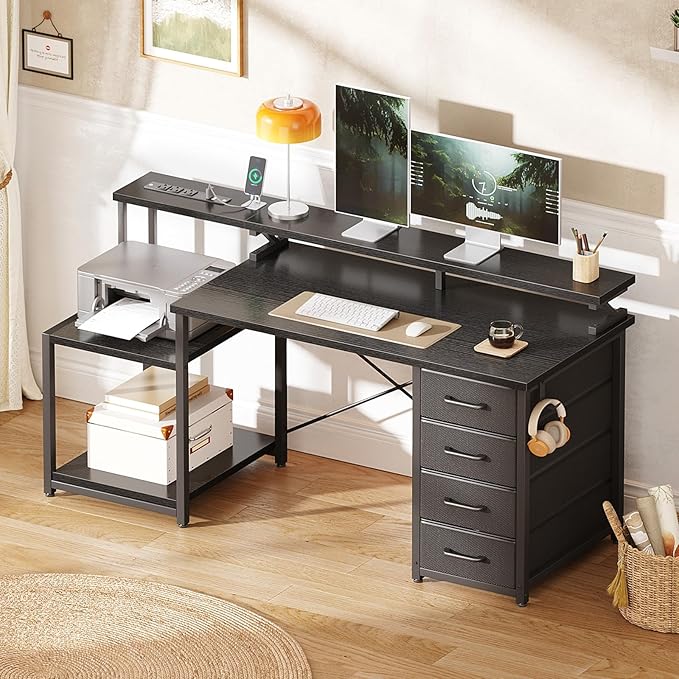 ODK 55 Inch Computer Gaming Desk with Power Outlets & 4 Drawers, Home Office Desk with Monitor Stand & Printer Shelves, Black