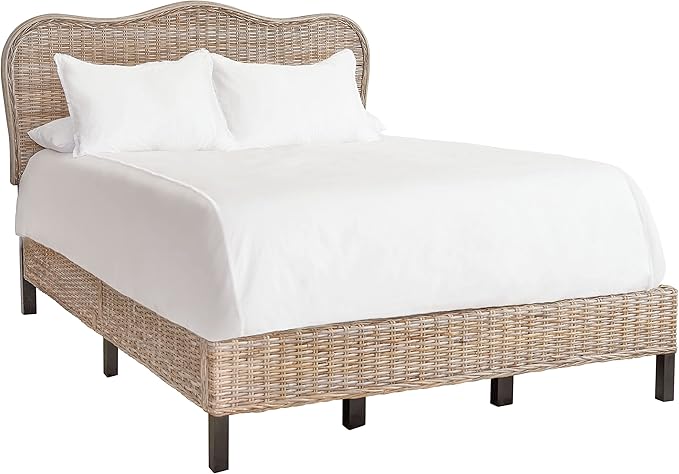 SAFAVIEH Home Collection Daejon Coastal Rattan Legs Camelback Headboard Queen Size Bed BED8001A-Q, Grey/Espresso