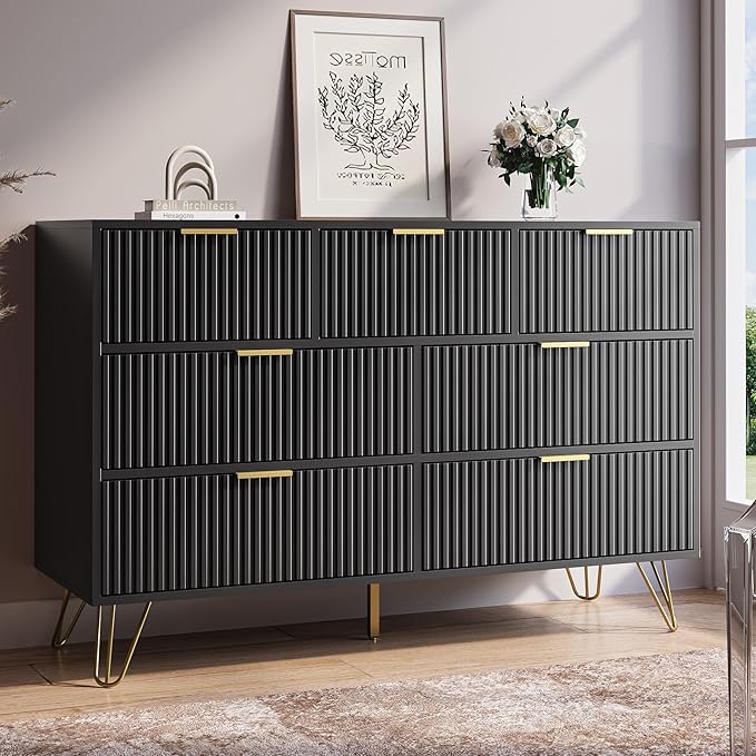 Black Dresser for Bedroom, 7 Drawer Dresser with Gold Pulls, Wide Chest of Drawers for Bedroom, Entryway, 47.2" L x 15.7" D x 31.4" H