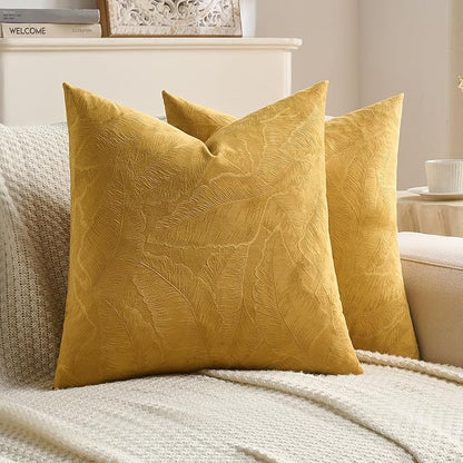 FUTEI Golden Yellow Velvet Throw Pillow Covers 26x26 Inch Set of 2,Soft Embossed Leaf-Relief Textured Euro Pillow Shams,Natural Home Decor for Couch Living Room