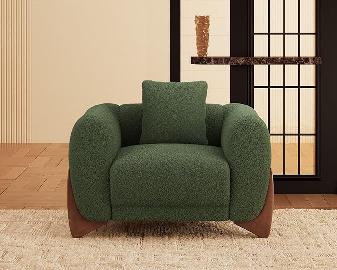Morden Fort Sherpa Boucle Couch Armchair Single, Modern Sofa Upholstered Deep Chair with Soft Throw Pillow Skin-Friendly Minimalist Accent Chair Compatible with Sofa Set Couch for Living Room, Green