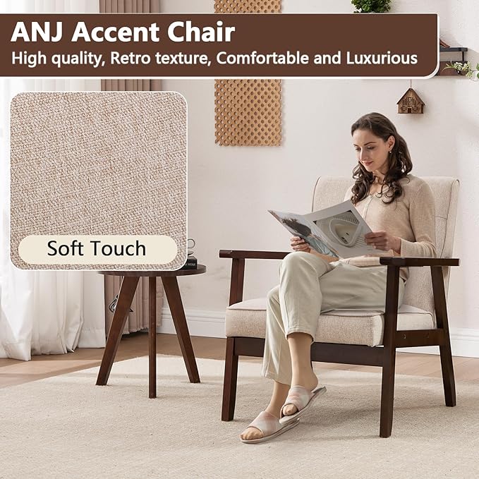 ANJ Mid Century Modern Accent Chair, Armchair for Living Room & Bedroom, Tufted Fabric Upholstered Side Chair with Solid Wood Legs, Comfortable Single Seater Reading Chair, Beige