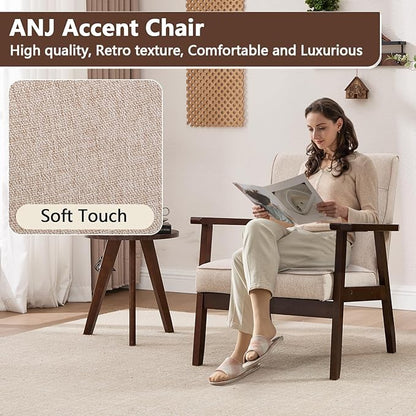 ANJ Mid Century Modern Accent Chairs Set of 2, Tufted Fabric Armchair with Solid Wood Frame, Comfy Retro Side Chair Reading Chair for Living Room, Bedroom，Beige