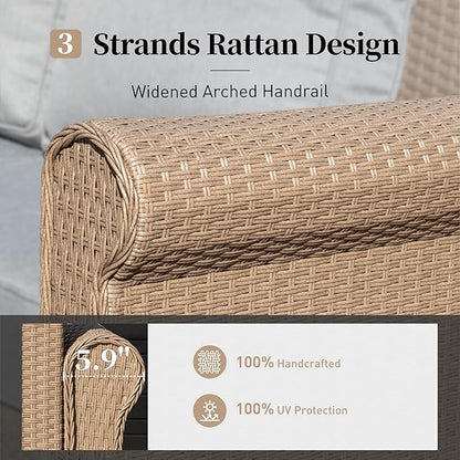 Patio Furniture Set 6 pcs, Wicker Rattan Outdoor Furniture with 5.5” Thick Cushions, 3-Seat Sofa, 2 Chairs, 2 Ottomans and Coffee Table, Outdoor Conversation Set for Garden Backyard Deck, 7 Seats Grey
