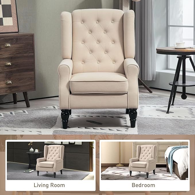HOMCOM Mid-Century Modern Accent Chair, High Wingback Chair, Button-Tufted Upholstered Fabric Armchair with Retro Wood Legs for Living Room, Bedroom, Beige