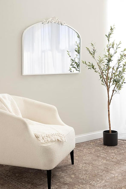 Kate and Laurel Arendahl Ornate Traditional Arched Mirror; 36 x 29; White; Decorative Baroque Style Arched Wall Mirror with Wide Frame and Ornamental Crown