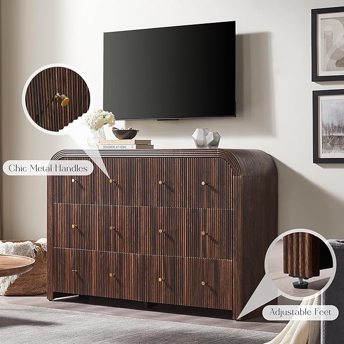 T4TREAM Fluted 6 Drawers Dresser for Bedroom, 54" Wide Modern Chest of Drawers with Thickened Curved Profile Design, Wood Dressers TV Stand for Bedroom, Living Room, Hallway, Dark Walnut