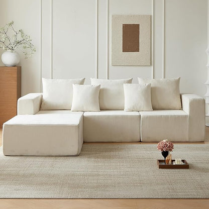 101" Cloud Couch Sectional, Corduroy Boneless Couch with L Shape Chair, All-Foam Compressed Sofa for Living Room, No Assembly Required (Beige)