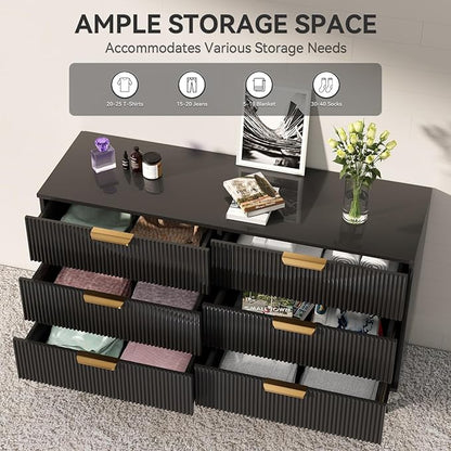 Black Fluted 6 Drawer Dresser for Bedroom, Chest of Drawers with Solid Wood Legs, Modern Dresser Chest Cabinet Organizer with Golden Handles, Beside Table for Closet, Hallway, Bedroom