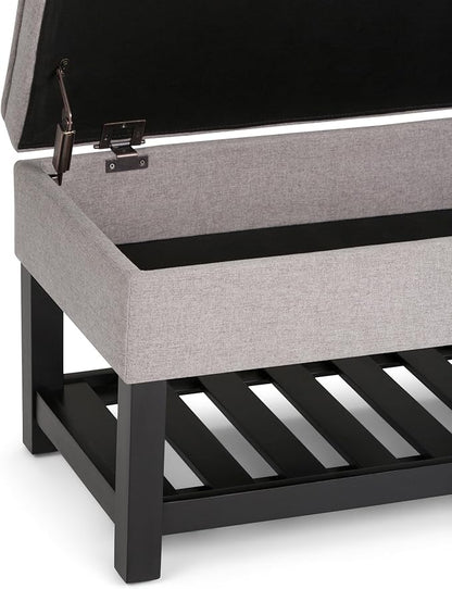 SIMPLIHOME Cosmopolitan 44 inch Wide Transitional Rectangle Storage Ottoman Bench with Open Bottom in Cloud Grey Linen Look Fabric, Assembled for the Living Room and Bedroom