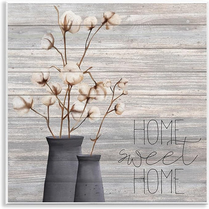 Stupell Industries Grey Sweet Home Cotton Flowers in Vase Wall Plaque, 12 x 12, Multi-Color