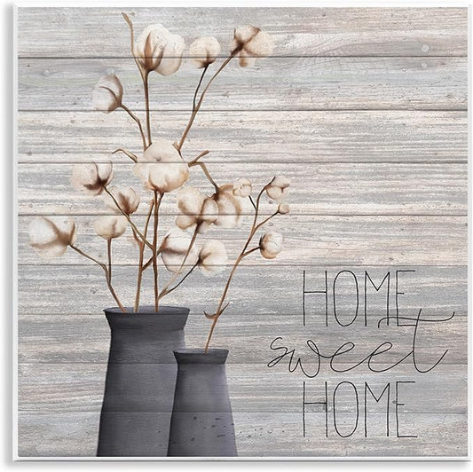 Stupell Industries Grey Sweet Home Cotton Flowers in Vase Wall Plaque, 12 x 12, Multi-Color