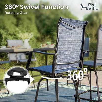 PHI VILLA 3Pcs Outdoor Swivel Bar Stools Set, Bar Height Patio Table and Chairs with All Weather Textilene Fabric, Pub Bar Bistro Tall Furniture Set for Outdoor, Blue