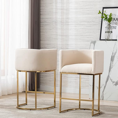 Contemporary Cream Linen Bar Stool, 29" Upholstered Fabric Counter Height Barstool Kitchen Counter Island Stool with Golden Metal Base