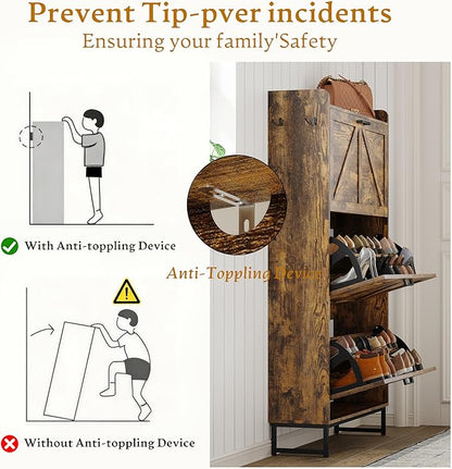 Shoe Cabinet Storage for Entryway, Shoe Storage Cabinet with 3 Flip Drawers, Freestanding Narrow Shoe Rack Organizer with Metal Legs & Side Hook for Foyer, Hallway, Brown