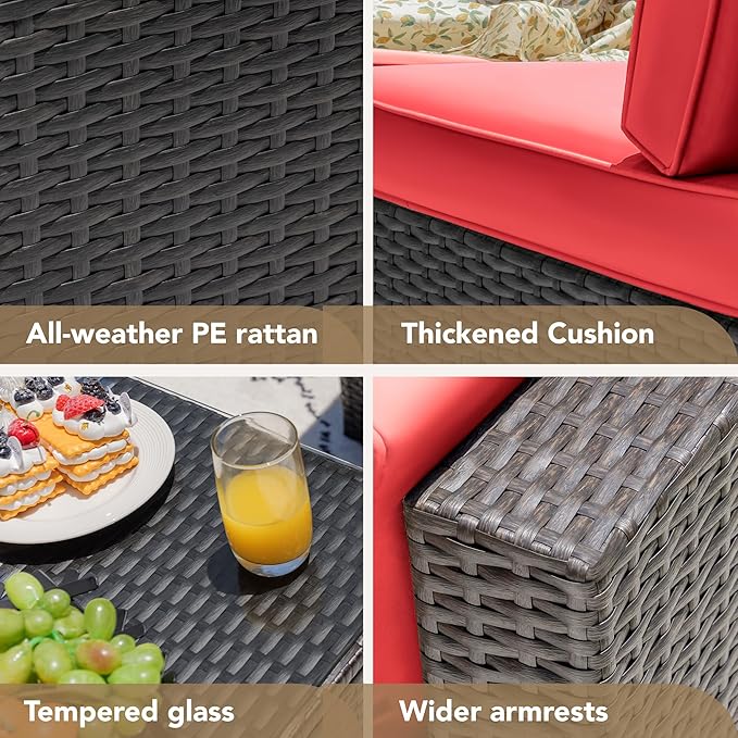 Devoko 7 Pieces Outdoor Sectional Sofa Patio Furniture Sets Manual Weaving Wicker Rattan Patio Conversation Sets with Cushion and Glass Table (Red)