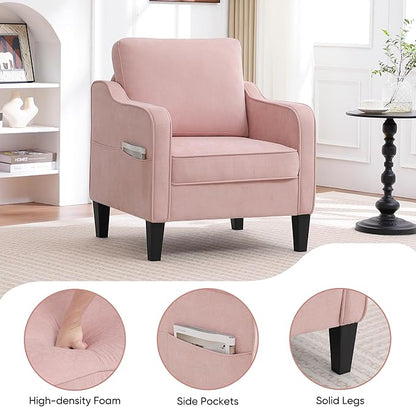 Accent Chair for Living Room, Mid Century Modern Reading Chair for Bedroom, Upholstered Armchair with Side Pockets, Comfy Single Sofa Side Chair for Office, Apartment, Small Room, Pink
