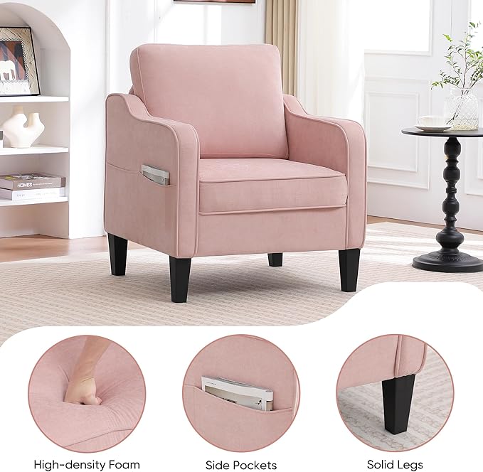 Accent Chairs Set of 2, Upholstered Living Room Chair with Side Pockets, Mid Century Modern Reading Chair for Bedroom, Comfy Armchair Single Sofa Side Chair for Office, Small Room, Pink