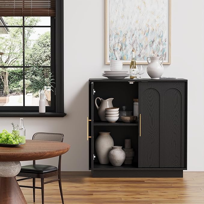 Sideboard Buffet Cabinet with Storage, Modern Accent Cabinet with Arched Doors & Shelf, 31.5" Modular Media Console, Minimalist Credenza for Living Room Kitchen Dining Room Entryway, Black
