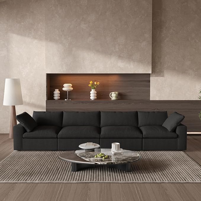 160.6" Cloud Modular Sectional Sofa with Thick Cushion, Wide 4-Seater Minimalist Couch,Convertible Couch Deep Seat Couches for Modern Living Room Sofa Sets for Office House,Black