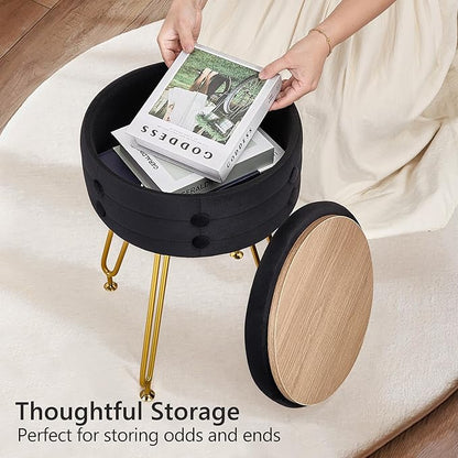 VECELO Round Vevlet Vanity Stool with Storage, 4 Metal Legs Vanity Seat with Anti-Slip Feet, Modern Vanity Chairs Footrest Furry Padded Seat, Space Saving, Easy to Clean for Makeup, Bedroom, Black