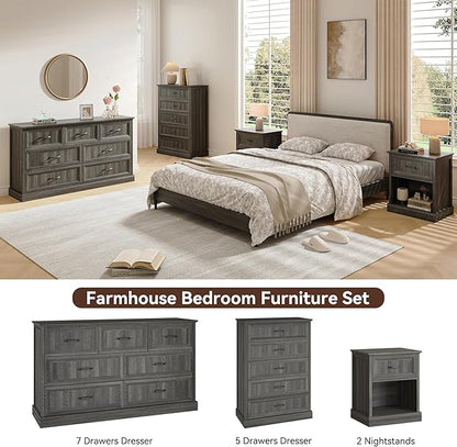 Farmhouse Dresser and Nightstand Sets, 4Pcs Bedroom Furniture Set, Nightstand Set of 2 & 55" Wide 7 Drawer and 44" Tall 5 Drawer Dresser with Large Drawers & Bar Handles, Grey