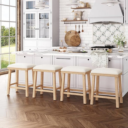 ALPHA HOME 24 inch Barstools Set of 4, Solid Wood Kitchen Stools with PU Leather Cushion Counter Height Bar Stools for Indoor, White Seat and Wooden Legs, 4PCS