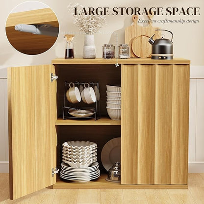 2 Pack Fluted Sideboard Buffet Cabinet with Storage, 31.5" Modern Kitchen Cabinets with Doors, Coffee Bar Buffet Cabinet for Kitchen, Entryway Cabinets for Living Room, Natural