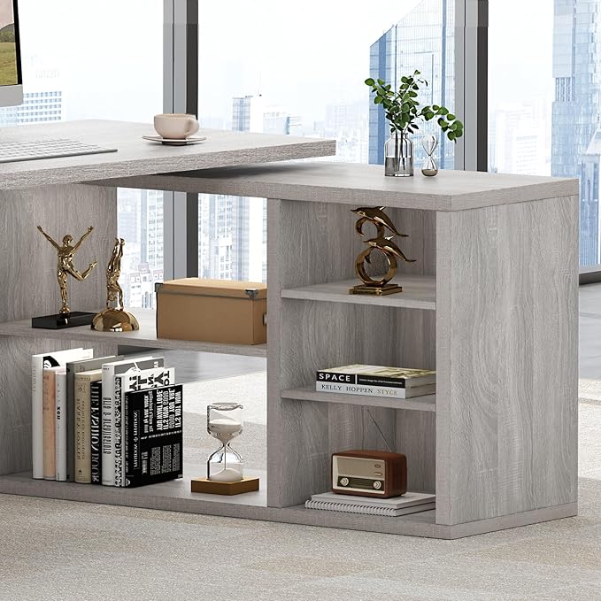 HSH Gray L Shaped Corner Desk with Storage Shelves, Reversible L Shape Computer Desk with Storage Cabinet, Adjustable Corner Home Office Desk for PC Executive Writing Study Work, Light Grey, 55 Inch