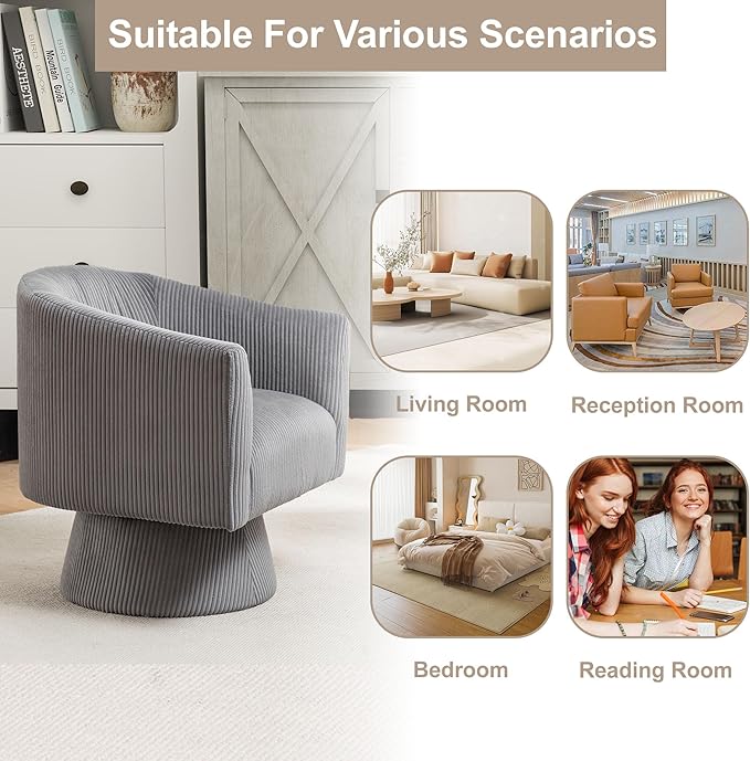 Swivel Accent Chair, Modern 360° Swivel Barrel Chair, Corduroy Upholstered Single Sofa for Living Room, Bedroom(Gray)