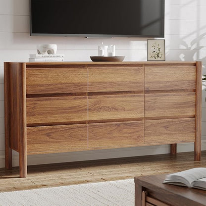 CHUWELL Dresser for Bedroom, 63" Wide Mid Century Modern Chest of Drawers with 9 Large Storage Space and 4 Solid Wood Cylindrical Legs, 9 Drawer Large Dresser for Bedroom(Walnut)