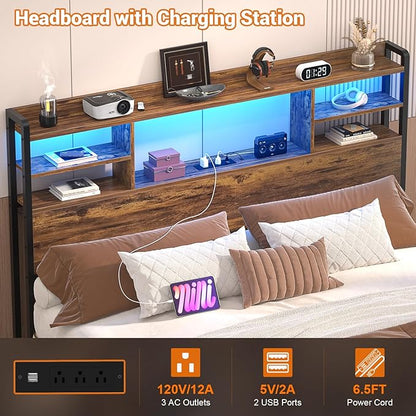 Aheaplus Headboard for Full Size Bed with Storage, Headboards with LED Light, Power Outlets, USB Ports Full Size Head Board, Wood headboard Only Sturdy and Stable Headboards, Modern, Rustic Brown