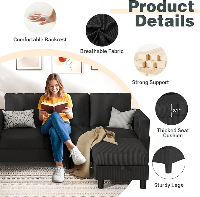 JY QAQA Convertible Sectional Sofa Couch with 3-Seat Sofa, L-Shaped Ottoman Couch with Modern Linen Fabric for Small Living Room, Apartment and Small Space(Black)