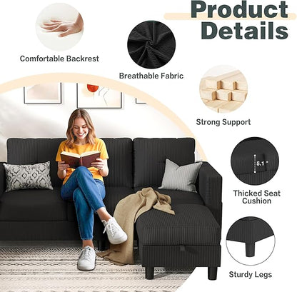JY QAQA Convertible Sectional Sofa Couch with 3-Seat Sofa, L-Shaped Ottoman Couch with Modern Linen Fabric for Small Living Room, Apartment and Small Space(Black)