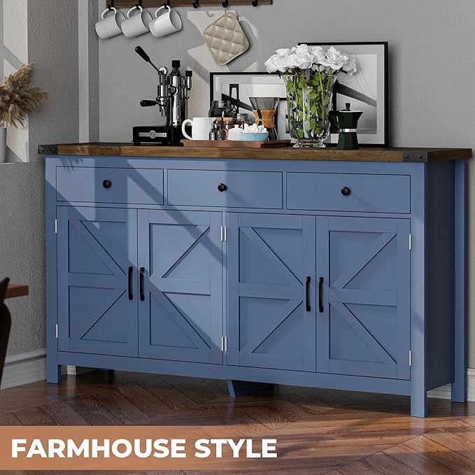 63" Sideboard Buffet Cabinet with Storage, Coffee Bar with 3 Drawers and 4 Barn Doors, Long Wider Storage Cabinet Modern Farmhouse, Blue Wood, for Kitchen, Dining Room, Living Room