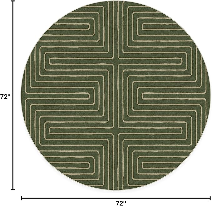 RUGGABLE x Jonathan Adler Machine Washable Area Rug – Labyrinth Fern Green 6 ft Round, Stain-Resistant, Non-Slip – Medium Rugs for Living Room, Bedroom, Hallway, Entryway & Office–with Cushioned Pad