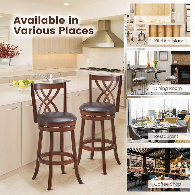COSTWAY Bar Stools Set of 4, 360° Swivel Chairs with Rubber Wood Frame, 30-Inch PU Leather Cushioned Seat and Footrests, for Kitchen Island, Dining Room, Bar (Brown-30 inches, 4 stools)