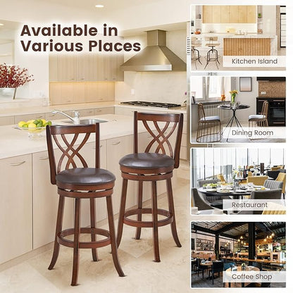 COSTWAY Bar Stools Set of 2, 360° Swivel Chairs with Rubber Wood Frame, 30-Inch PU Leather Cushioned Seat and Footrests, for Kitchen Island, Dining Room, Bar (Brown-30 inches, 2 stools)
