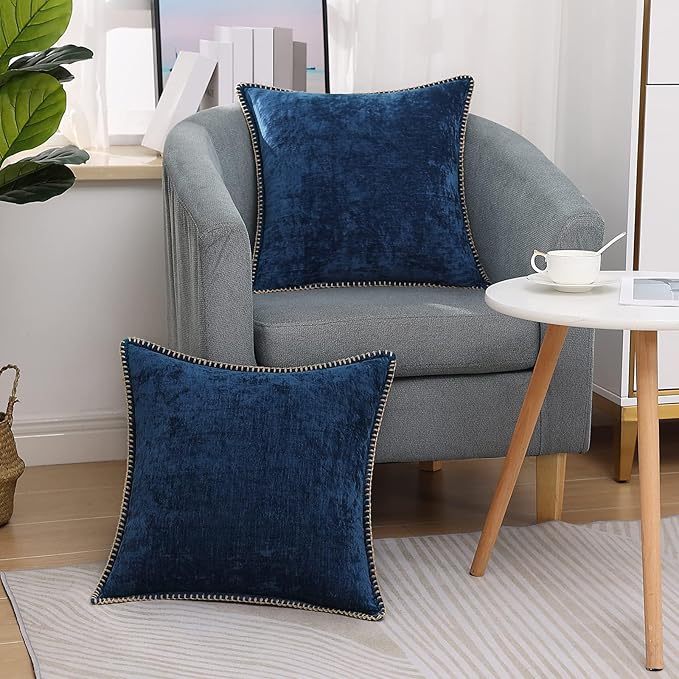 decorUhome Chenille Soft Throw Pillow Covers 16x16 Set of 2, Farmhouse Velvet Neutral Decorative Euro Pillow Covers with Stitched Edge for Couch Sofa Bed Home Decor, Poseidon