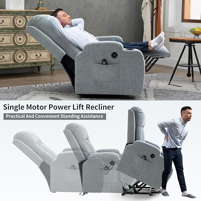 PELUMY Manual Lift Recliner Chair for Elderly with Massage & Heat, Oversized Heavy Duty 350 lbs Recliner with Cup Holders & USB Ports, Infinite Positioning Lift Chair for Adults (Linen Fabric, Grey)