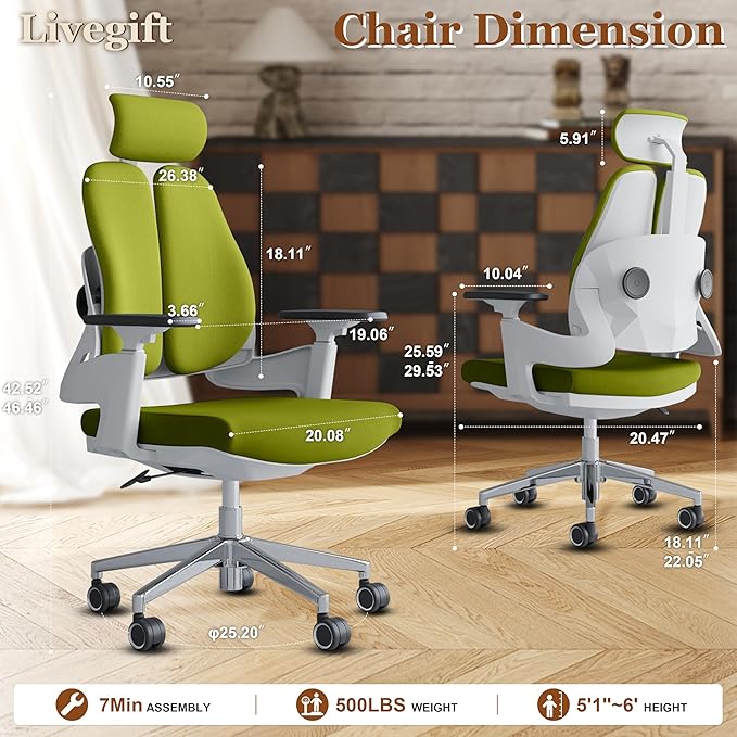 Ergonomic Office Chair Big and Tall Desk Chair, Dual-backrest Computer Chair with 3D Adjustable Arms and Lumbar Support, 500lbs Extra Wide Seat, for Home & Office Use,Green