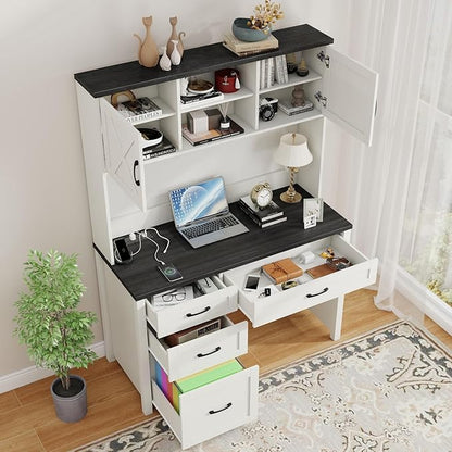 Farmhouse 67" H Executive Desk with Hutch,Office Table with 4 Drawers and LED light, Computer Desk with Storage Cabinet & File Drawers and Charging Station, Wood Workstation for Home Office,Study