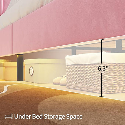 Full Size Bed Frames with Storage Headboard,Power Outlet, Modern Velvet Upholstered Platform Bed LED Bed Frame with 5 Storage Shelves, No Box Spring Needed, Pink