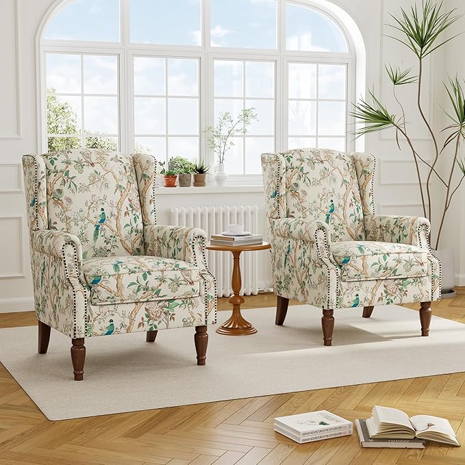 Accent Chair, Upholstered High Back Floral Armchair with Nailhead Trim & Wood Legs, Comfy Wingback Reading Single Sofa Chair