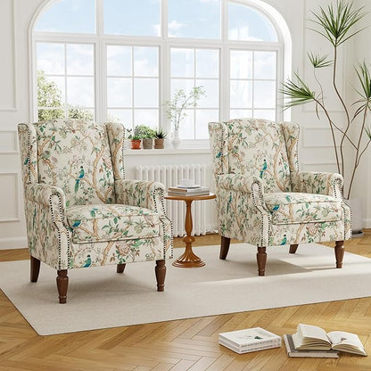 Accent Chair, Upholstered High Back Floral Armchair with Nailhead Trim & Wood Legs, Comfy Wingback Reading Single Sofa Chair