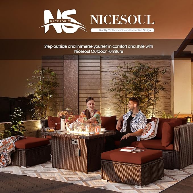 NICESOUL 7 Piece Modular Outdoor Furniture Set with Firepit Natural Gas&Propane, 29.3'' High Back L-Shaped 6-Seater Patio Wicker Sectional Sofa Couch Sets for Tall People, Brown Rattan and Red Cushion