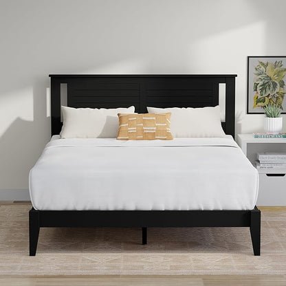Serene Farmhouse Style Wood Bed in Queen Size with Horizontal Scoring Headboard, Coastal Modern Design, Sturdy, Easy Assembly, Ample Underbed Storage, Black Finish