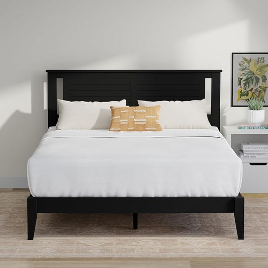 Serene Farmhouse Style Wood Bed in Queen Size with Horizontal Scoring Headboard, Coastal Modern Design, Sturdy, Easy Assembly, Ample Underbed Storage, Black Finish